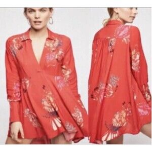 Free People Boho Blouse Tunic Top Small Floral Tomato Combo Hi-Low Long Sleeve‎